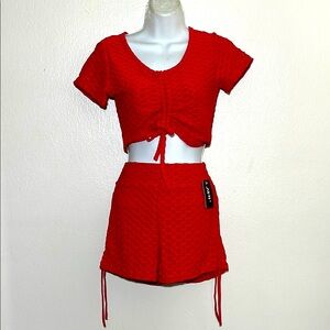 Red Textured Crop Top and Shorts Set